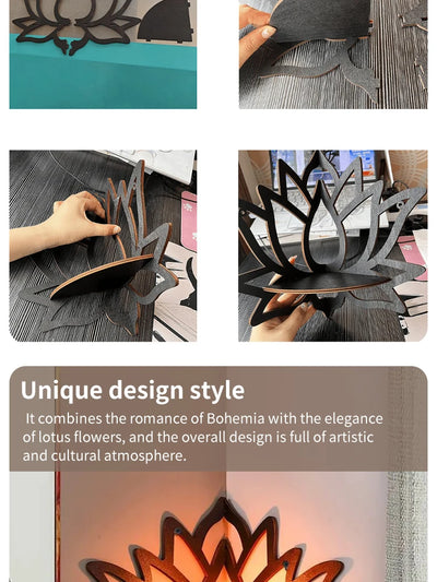 Lotus Holzregal Wandregal – Boho Dekoregal für Aromatherapie & Kristalle -  Allround Solutions B&B