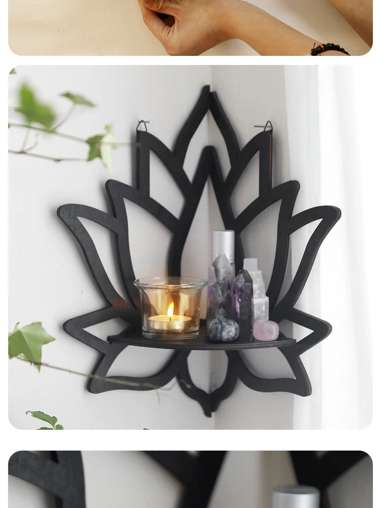 Lotus Holzregal Wandregal – Boho Dekoregal für Aromatherapie & Kristalle -  Allround Solutions B&B