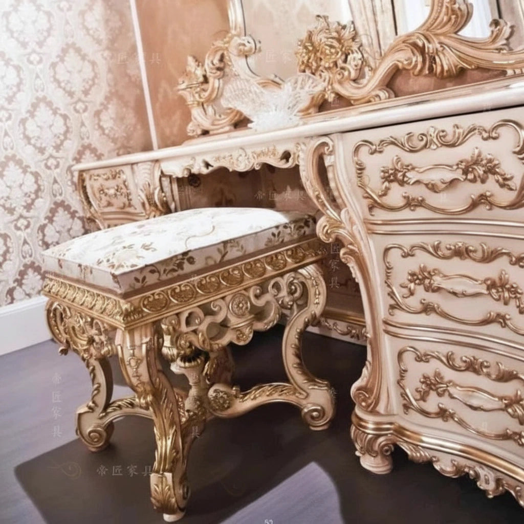 Schminktisch Vintage Gold – Luxus Birkenholz mit Spiegel & Hocker | Nordisch -  Allround Solutions B&B