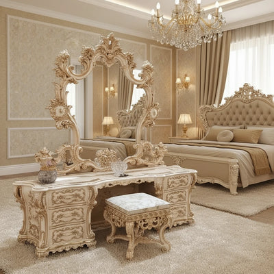 Schminktisch Vintage Gold – Luxus Birkenholz mit Spiegel & Hocker | Nordisch -  Allround Solutions B&B