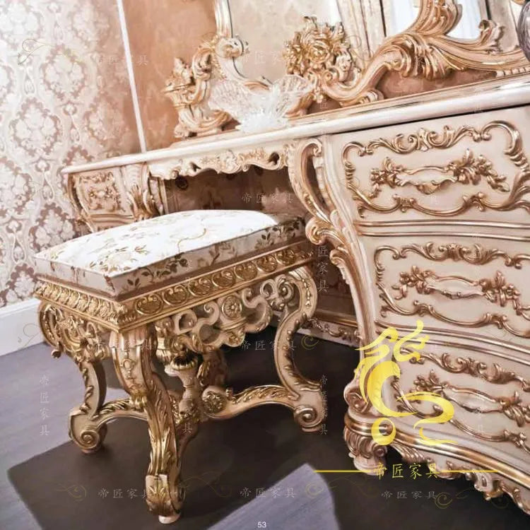 Schminktisch Vintage Gold – Luxus Birkenholz mit Spiegel & Hocker | Nordisch -  Allround Solutions B&B