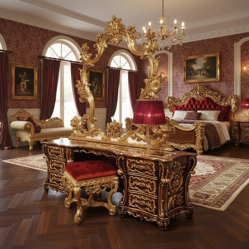 Schminktisch Vintage Gold – Luxus Birkenholz mit Spiegel & Hocker | Nordisch -  Allround Solutions B&B